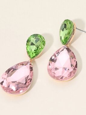 Pink Green Dangle Crystal Teardrop Earrings 2 Inch Cute Statement Jewelry Design